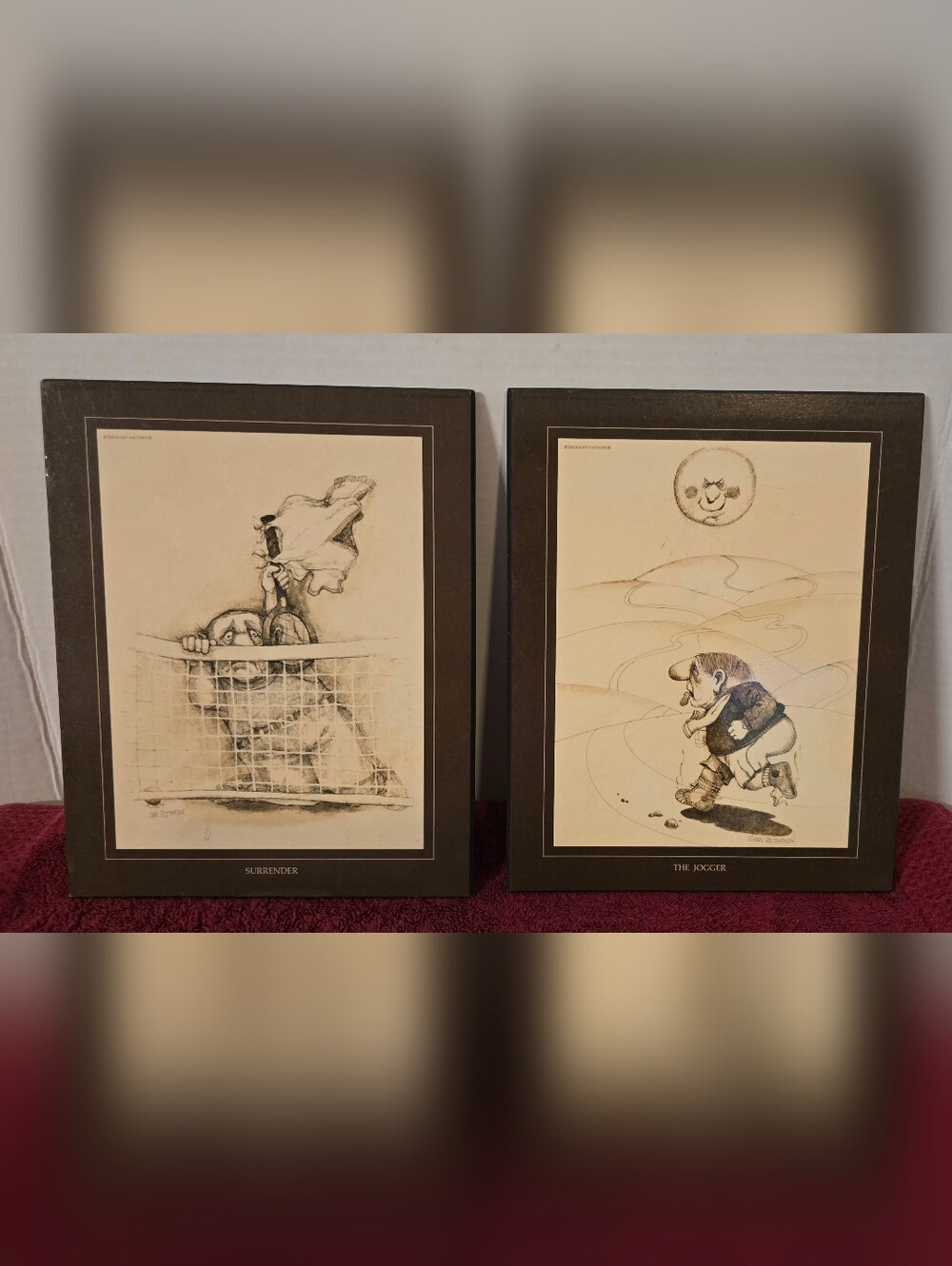 Vintage 1970s Gary Patterson Art Wood Plaques Set of 2 Surrender & Jogger 8 X 10